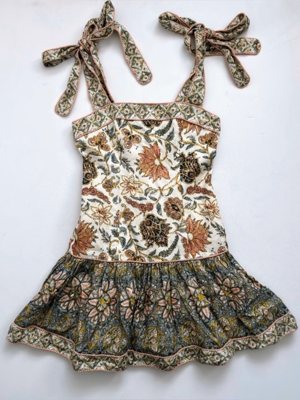 ZIMMERMANN EDIE TIE STRAP MINI DRESS CREAM PAISLEY SZ 1 US 6